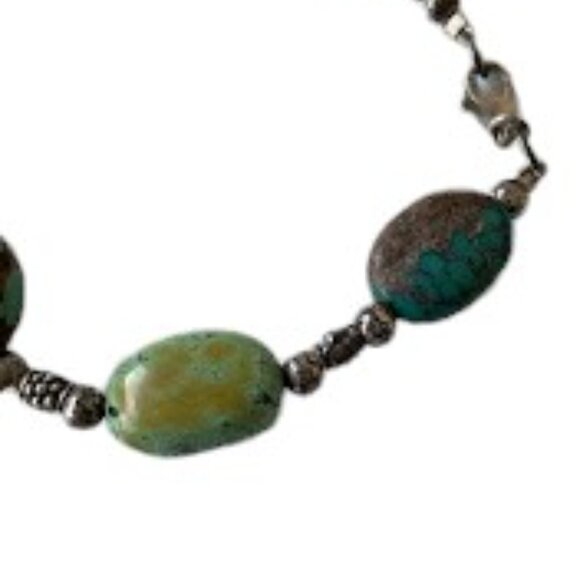 Turquoise Stone Bead Oval Nugget Sterling Silver Bracelet Hand Crafted Chunky - Picture 4 of 9